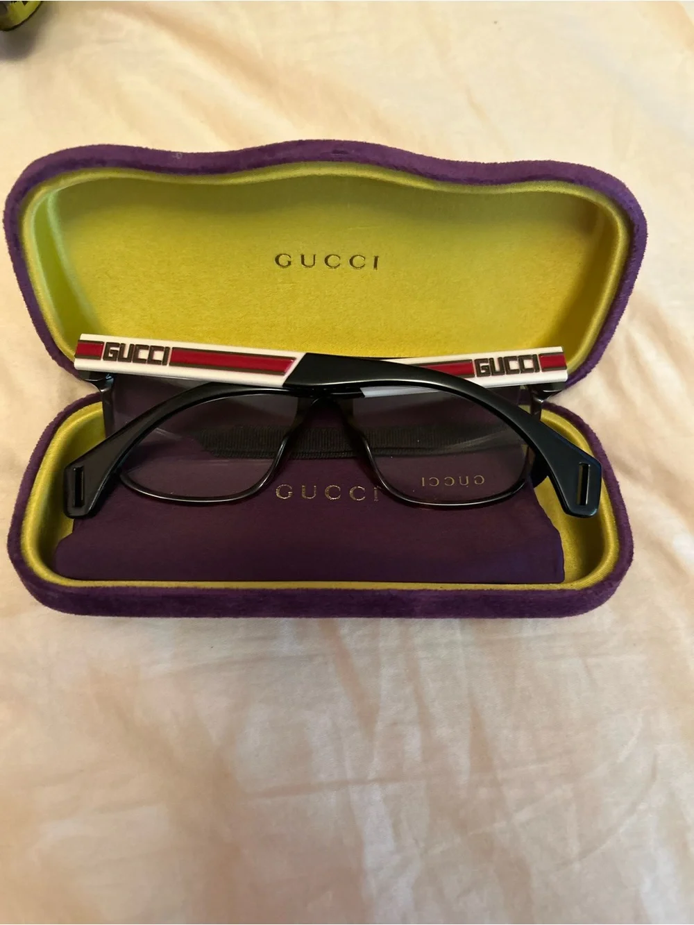 Gucci Brown Tortoiseshell Rectangular Eyeglasses with Purple & Lime Case